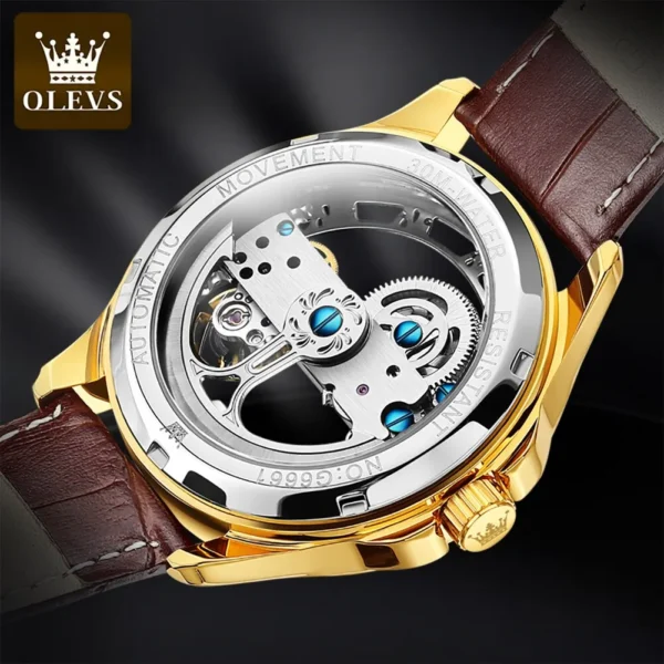 OLEVS Luxury Men Watches Automatic Mechanical Wristwatch Skeleton Design Waterproof Leather Strap Male Watch Reloj Hombre - Image 2