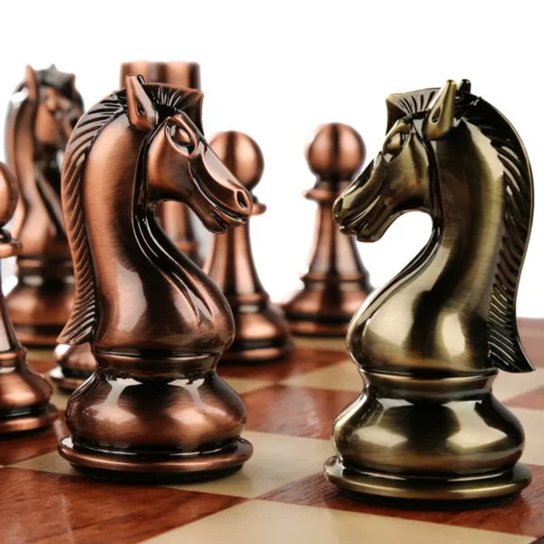 Wooden Chess Board Games for Children, Bronze Metal Pieces Set, Folding Family Board, High Grade, Luxury Checkerboard - Image 6