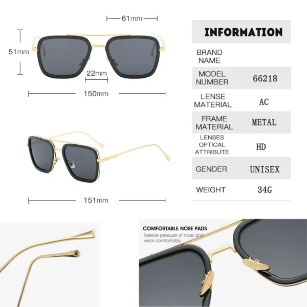 Steam Punk Tony Stark Sunglasses Men Women Fashion Square Driving Glasses Unisex Metal Frame Trendy Shades Oculos De Sol - Image 2