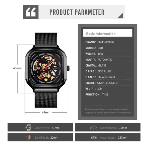 SKMEI Mechanical Watch Men Automatic Watch Quartz Waterproof Hollow Art Strainless Steel Strap montre homme Fashion Clock 9184 - Image 6