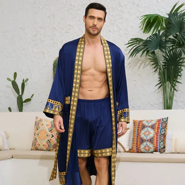 Spring Summer New Men Pajama 2PCS Robe Shorts Set Baroque Style Silky Kimono Bathrobe Gown Loose Home Clothing Loungewear - Image 5
