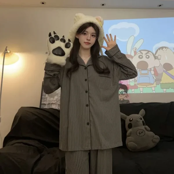 Couple Pajamas for Men Striped Sleepwear Korean Sleeping Night Wear Button Pijama 2 Pcs Pants Sets Autumn Pocket Home Suit 2024 - Image 3