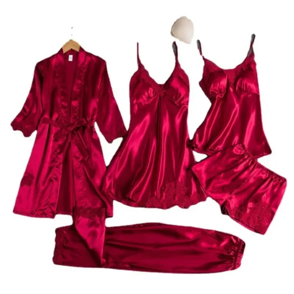 5 Pcs/Set Silk Robe Sleep Suit Womens Satin Pajamas Gown Set V-Neck Cami Nighties Wear Pijama Home Nightwear Spring Nightdress - Image 6