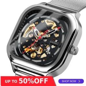 SKMEI Mechanical Watch Men Automatic Watch Quartz Waterproof Hollow Art Strainless Steel Strap montre homme Fashion Clock 9184