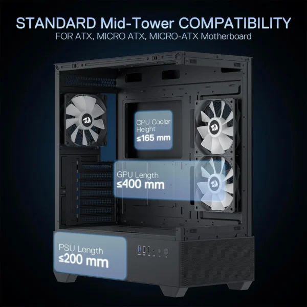 Redragon CA606 Gaming Back-Mounted ATX Computer Chassis,3 x 120mm Fans Pre-Installed 270° Full View PC Case, - Image 5
