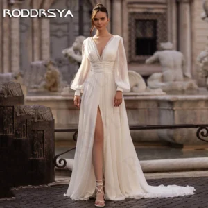 RODDRSYA Vintage Civil Chiffon Wedding Dresses Long Puff Sleeves Boho V Neck Beading Bridal Dress Split vestidos novias boda