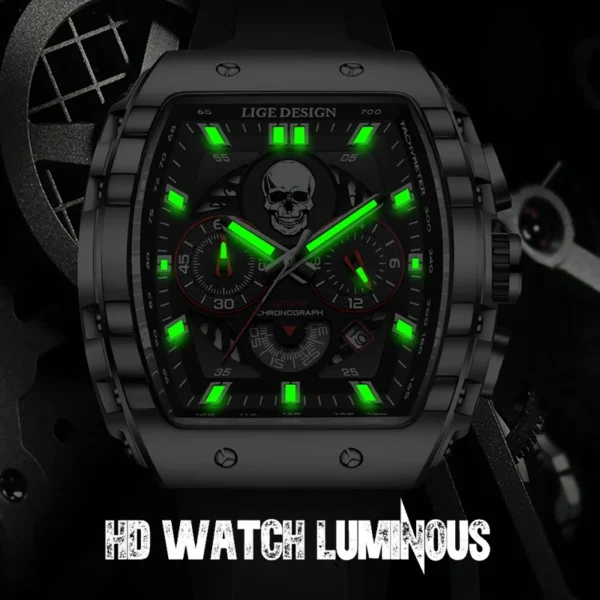 LIGE Mens Watches Creative Skull Quartz Wristwatch Sports Waterproof Silicone Strap Watch for Men Luminous Chronograph Watch Man - Image 6