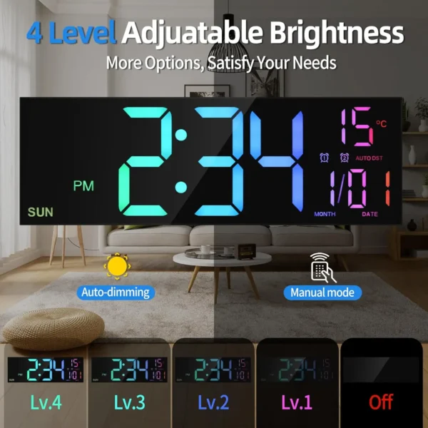 16.2'' Large Digital Wall Clock with Remote Control Big LED/Dual Alarm/8 RGB Colors Digital Alarm Clock Electronic Watch - Image 3
