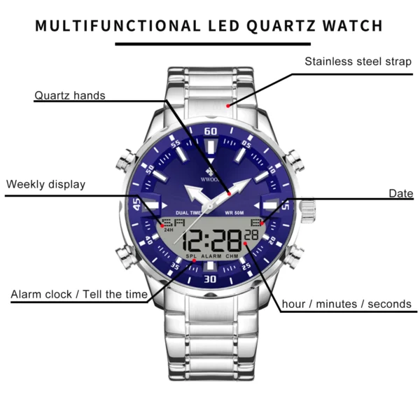 WWOOR Fashion Men's Watches Luxury Original Quartz Digital Analog Sport Military Wrist Watch For Man Waterproof Steel Clock Box - Image 5