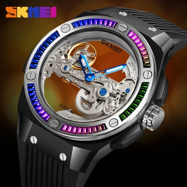 SKMEI Men's Mechanical Automatic Watch Man Watch Silicone Band Skeletonized Waterproof Mechanical Watch Tourbillon Wristwatch - Image 3