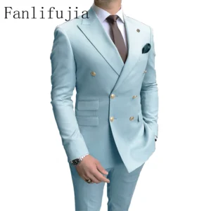Fanlifujia Store 2024 Casual Sky Blue Men Suits Double Brested Peak Lapel Gold Button Groom Wedding Tuxedos Best Costume Homme