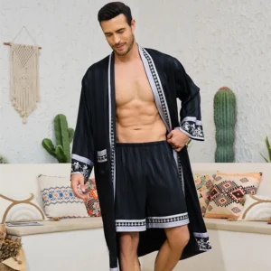 Spring Summer New Men Pajama 2PCS Robe Shorts Set Baroque Style Silky Kimono Bathrobe Gown Loose Home Clothing Loungewear