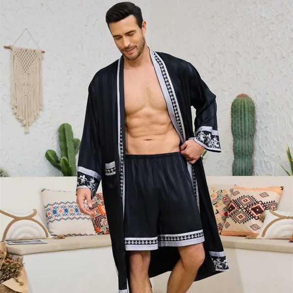 Spring Summer New Men Pajama 2PCS Robe Shorts Set Baroque Style Silky Kimono Bathrobe Gown Loose Home Clothing Loungewear