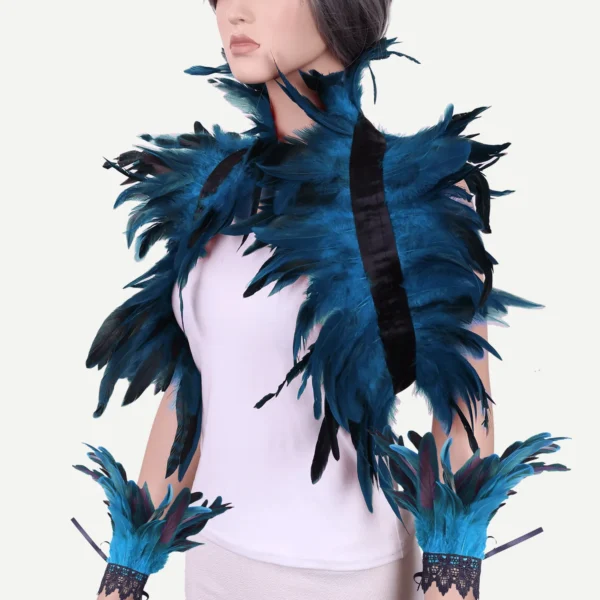 Halloween Feather Shawl Wristlet Set Feather Shawl Punk Feather Party Holiday Dress Up Cosplay Costumes Poncho for Women and Men - Image 2