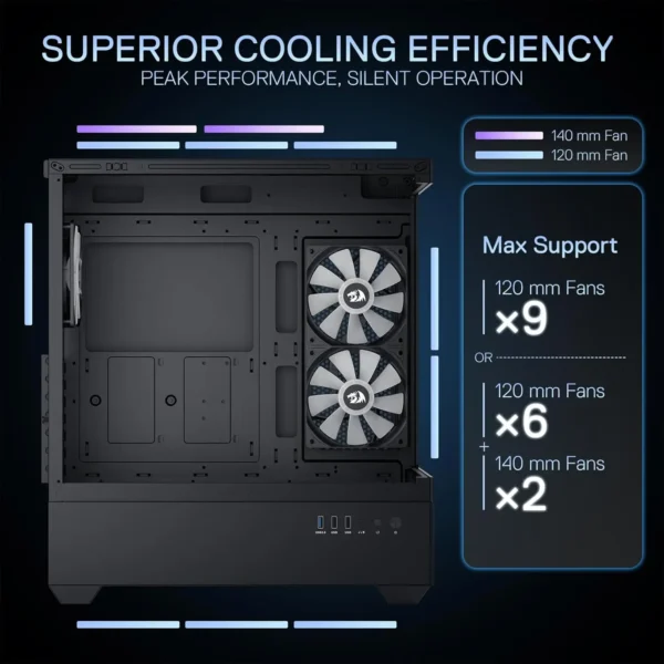 Redragon CA606 Gaming Back-Mounted ATX Computer Chassis,3 x 120mm Fans Pre-Installed 270° Full View PC Case, - Image 6