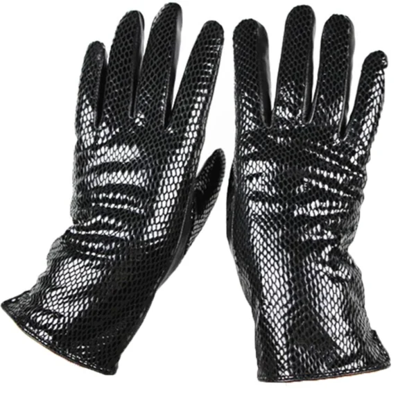 New Snake Print Leather Sheepskin Gloves Women's Fashion High Gloss Velvet Lining Autumn and Winter Warm Driving Gloves
