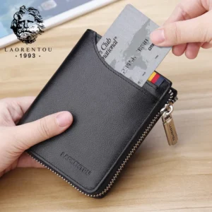 LAORENTOU Men Card Holders Coin Purse Genuine Leather Short Wallet Man Zipper Wallets Casual Standard Bussiness Wallets for Male
