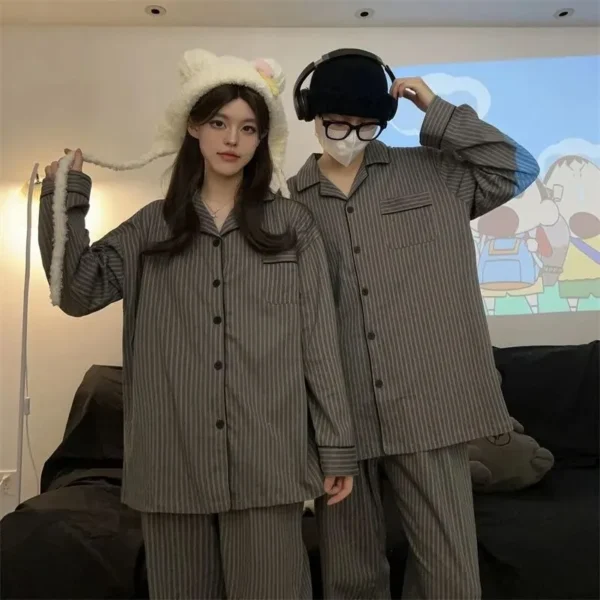 Couple Pajamas for Men Striped Sleepwear Korean Sleeping Night Wear Button Pijama 2 Pcs Pants Sets Autumn Pocket Home Suit 2024 - Image 5