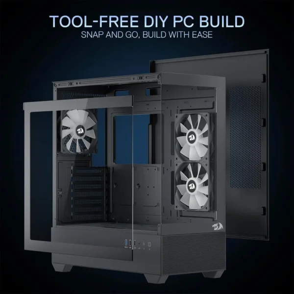 Redragon CA606 Gaming Back-Mounted ATX Computer Chassis,3 x 120mm Fans Pre-Installed 270° Full View PC Case, - Image 3