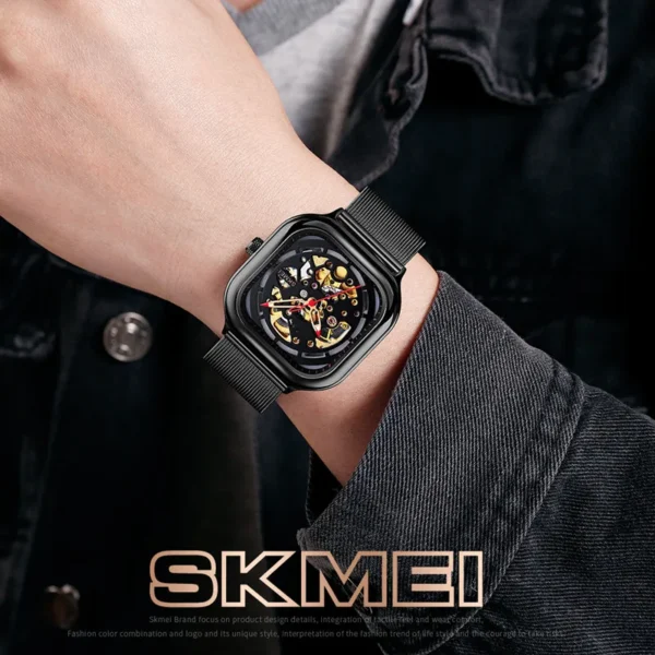 SKMEI Mechanical Watch Men Automatic Watch Quartz Waterproof Hollow Art Strainless Steel Strap montre homme Fashion Clock 9184 - Image 3