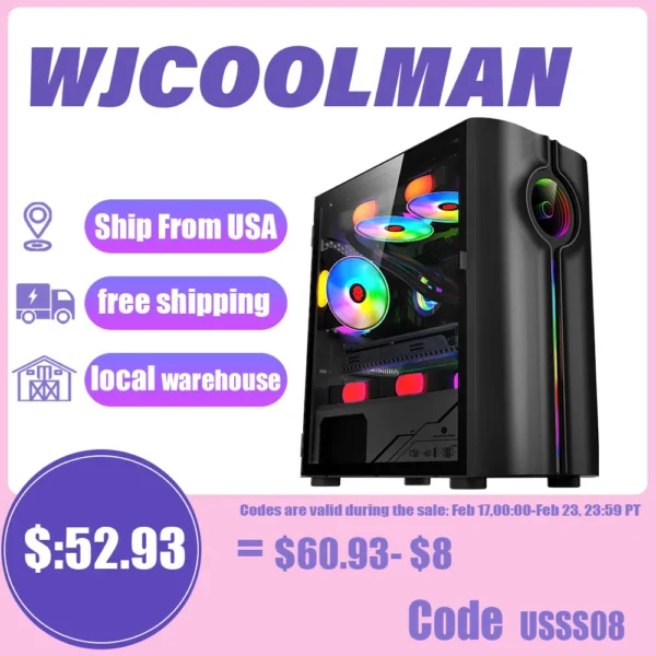 WJCOOLMAN Unlimited Player Black Gaming Computer Case with 4Fan Positions 240 AIO Support M-ATX/MINI-ITX Panoramic Version