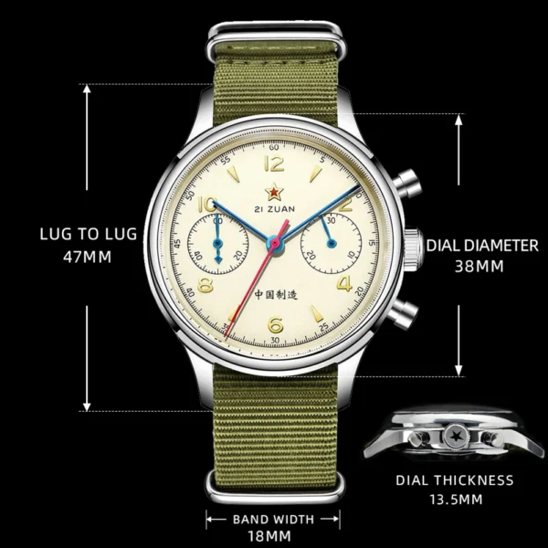 RED STAR 38mm Men's 1963 Chronograph Mechanical Watch Pilot with Seagull Movement ST1901 Air Force Aviation Sapphire Goose 40mm - Image 4