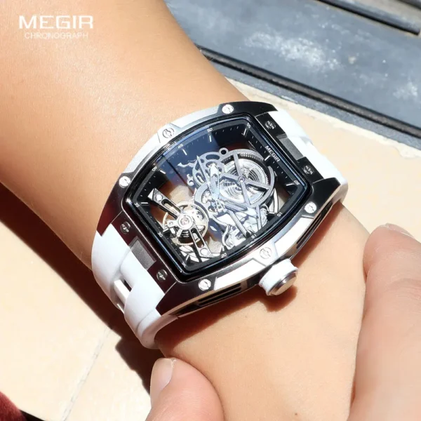 MEGIR Men's Automatic Mechanical Watch with Stainless Steel Case Silicone Band Skeleton Dial Waterproof Sport Wristwatch - Image 4