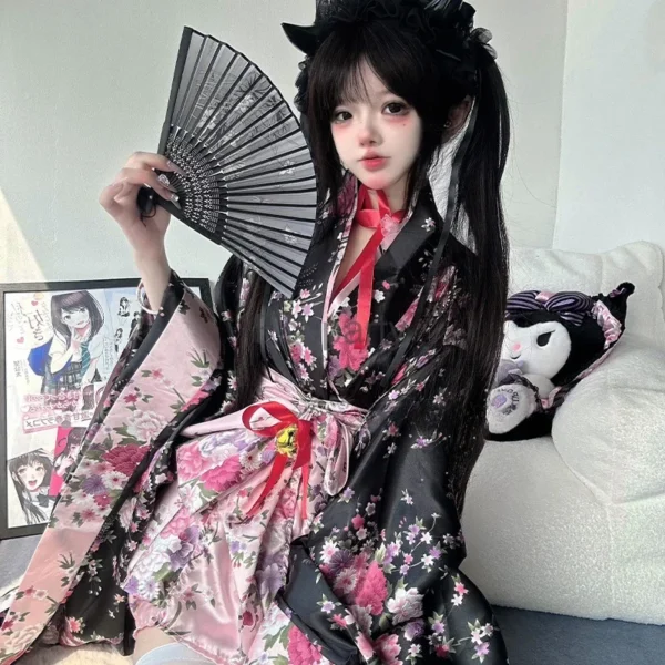 6pcs Traditional Japanese Kimono Robe Kawaii Pink Sakura Printed Bowknot Lolita Dress Halloween Party Geisha Cosplay Costumes - Image 5