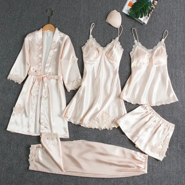 5 Pcs/Set Silk Robe Sleep Suit Womens Satin Pajamas Gown Set V-Neck Cami Nighties Wear Pijama Home Nightwear Spring Nightdress - Image 3