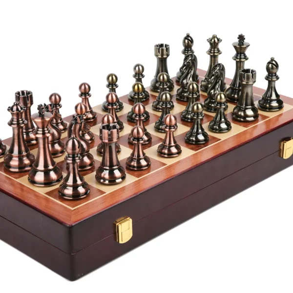 Wooden Chess Board Games for Children, Bronze Metal Pieces Set, Folding Family Board, High Grade, Luxury Checkerboard - Image 2