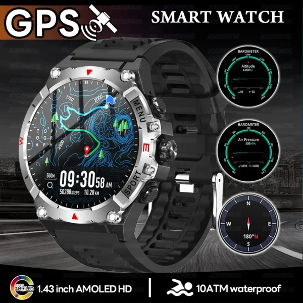 Military GPS Smart Watch Men AMOLED HD Screen Altitude Compass Heart Rate Sports Watch BT Calling IP68&10ATM Waterproof Watch