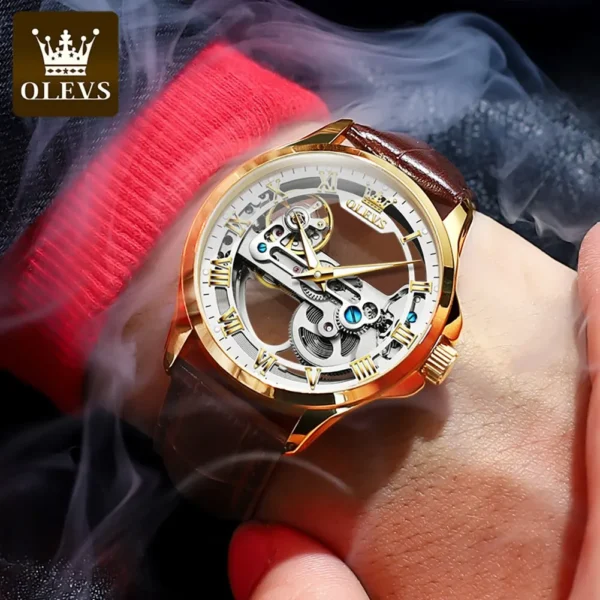 OLEVS Luxury Men Watches Automatic Mechanical Wristwatch Skeleton Design Waterproof Leather Strap Male Watch Reloj Hombre - Image 5