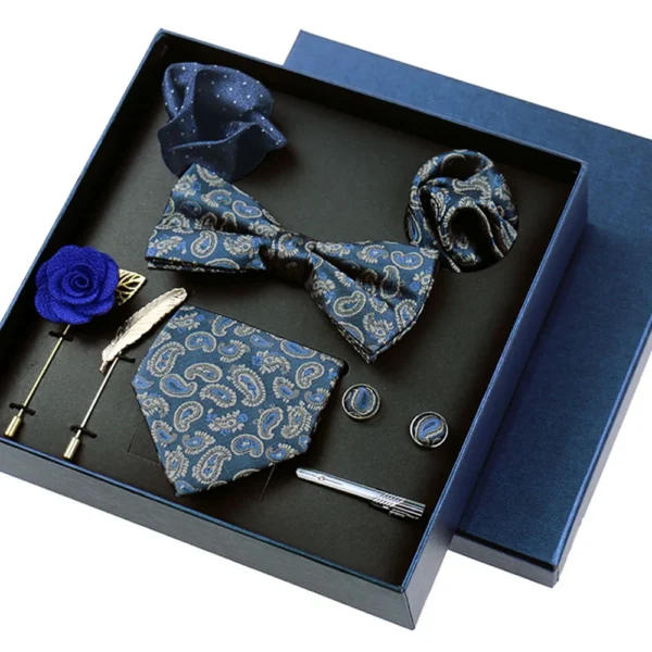 8-piece Set Bussiness Blue Ties For Mans Floral Brooches Pin Cufflinks Tie Clips Butterfly Bowtie Wedding Accessori Gift Box Set - Image 2
