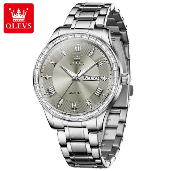OLEVS 9906 Square Diamond Men's Quartz Watch Stainless Steel Strap Waterproof Dual Calendar Luxury Original Business Wristwatch - Image 2