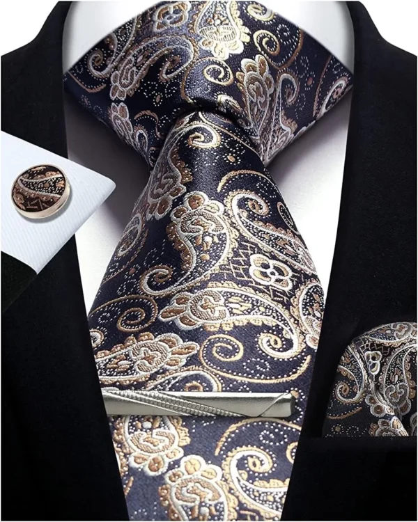 Mens Tie Set Silk Silver Paisley Floral Necktie and Pocket Square Cufflinks Tie Clip Classic Formal Ties for Men Wedding Party - Image 2