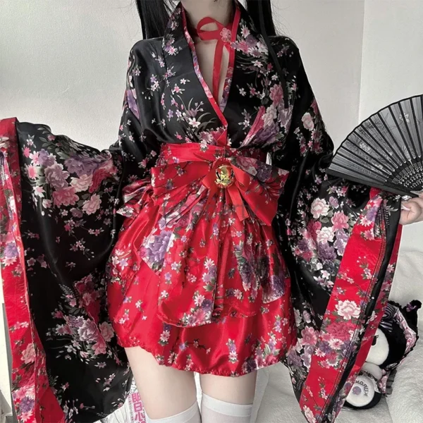 6pcs Traditional Japanese Kimono Robe Kawaii Pink Sakura Printed Bowknot Lolita Dress Halloween Party Geisha Cosplay Costumes - Image 4