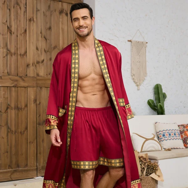 Spring Summer New Men Pajama 2PCS Robe Shorts Set Baroque Style Silky Kimono Bathrobe Gown Loose Home Clothing Loungewear - Image 3