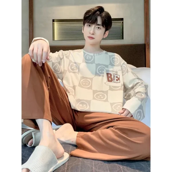 Plus Size Men Pajamas Set Spring and Summer Plaid Solid Color Student Sleepwear Homewear Tops and Pants Nightwear Loungewear - Image 3
