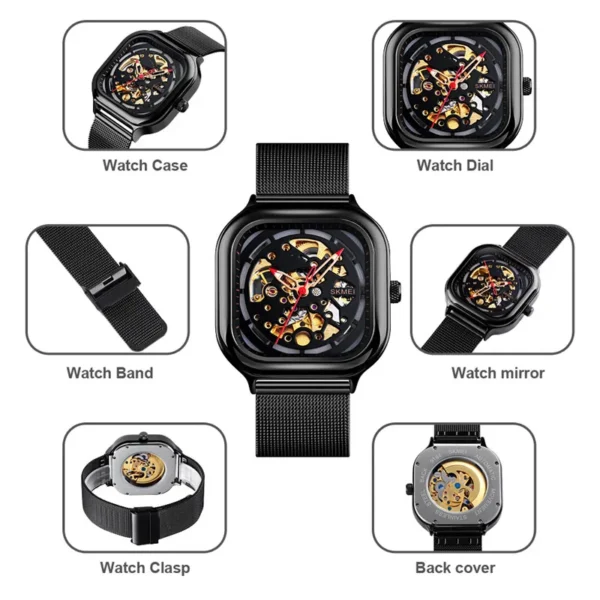 SKMEI Mechanical Watch Men Automatic Watch Quartz Waterproof Hollow Art Strainless Steel Strap montre homme Fashion Clock 9184 - Image 5