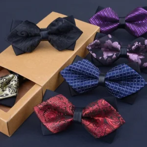 British double striped bow tie men's formal business bridegroom's wedding wine red leather bag heart sharp corner bow tie