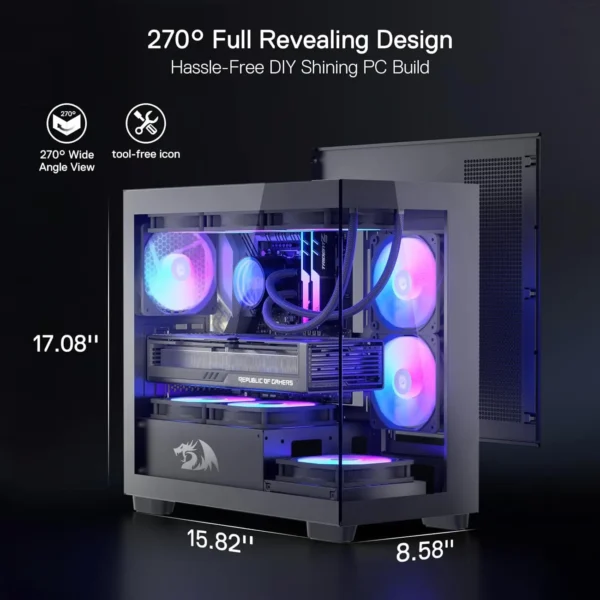 Redragon GC218M Gaming Back-Mounted PC Case, M-ATX Computer Chassis 2 x 120mm Fans Pre-Installed & High Airflow Perforated Panel - Image 4