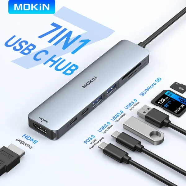 MOKiN USB HUB to 4K HDMI Hub USB Adapter Docking Station USB3.0 5Gbps SD/Micro SD PD3.0 100W for MacBook Pro/Air PC Accessories