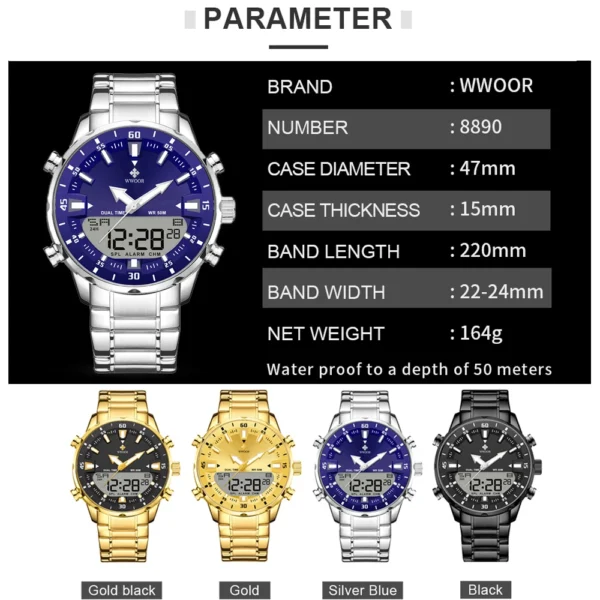 WWOOR Fashion Men's Watches Luxury Original Quartz Digital Analog Sport Military Wrist Watch For Man Waterproof Steel Clock Box - Image 6
