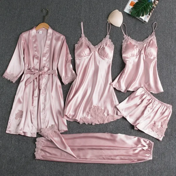 5 Pcs/Set Silk Robe Sleep Suit Womens Satin Pajamas Gown Set V-Neck Cami Nighties Wear Pijama Home Nightwear Spring Nightdress - Image 4