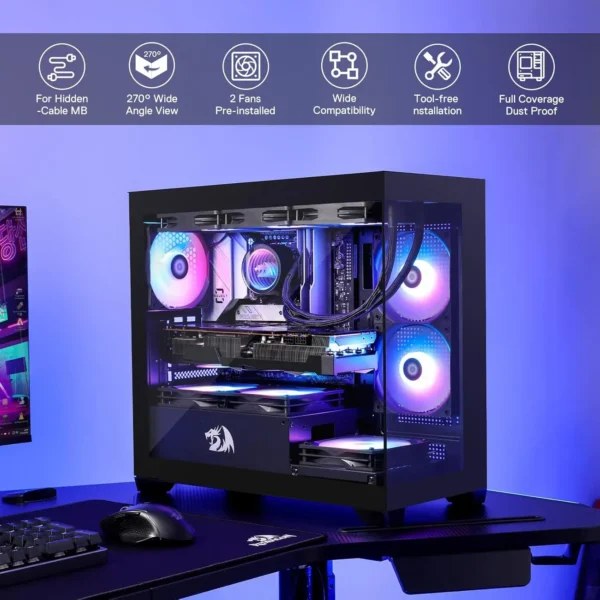 Redragon GC218M Gaming Back-Mounted PC Case, M-ATX Computer Chassis 2 x 120mm Fans Pre-Installed & High Airflow Perforated Panel - Image 2
