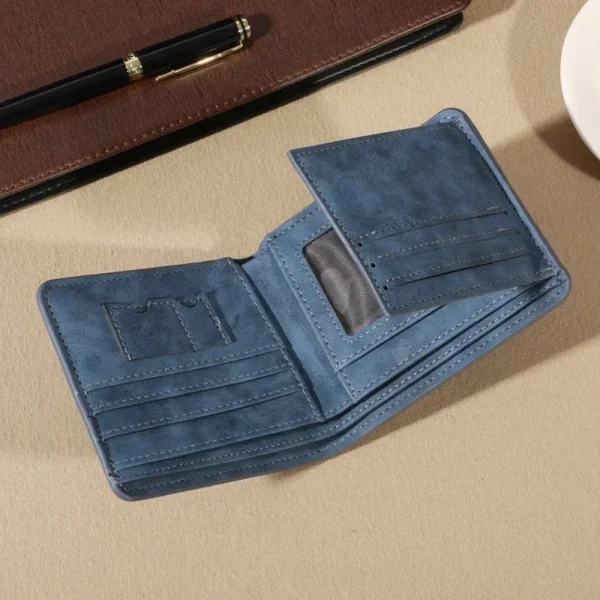 Vintage Matte PU Leather Mens Short Fashion Wallet Retro Blue Tri-fold with Multi-Card Slots Trendy Money Clip and Eyelet Detail - Image 4