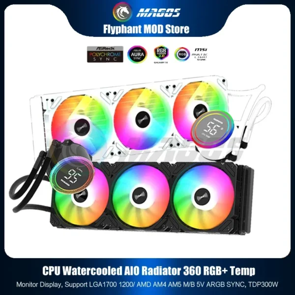 Water Cooling AIO CPU Cooler 360 + Display Monitor, RGB Fan Liquid Heatsink Radiator 1700/1200/115X/2011/2066/AM5/AM4/AM3 AMD