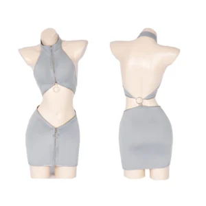 Anime Secretary Uniform Cosplay High Neck Bandage Bodycon Pencil Dress Sexy Hollow Out Backless Open Front Zipper Dresses