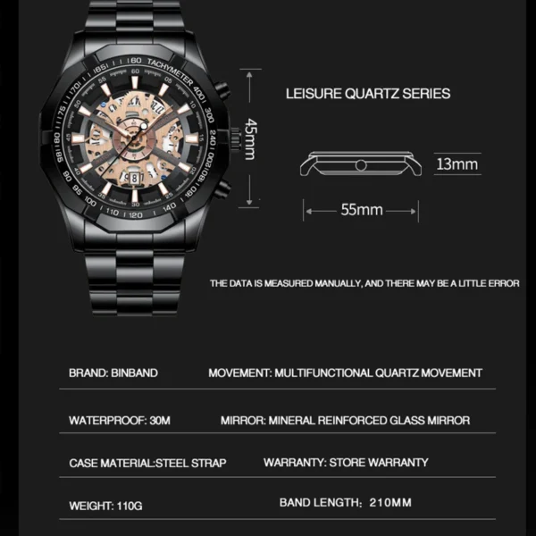BINBOND Mens Quartz Watches Top Brand Luxury Stainless Steel Waterproof Hollow Out Blue Big Male Wristwatches Relogio Masculino - Image 5