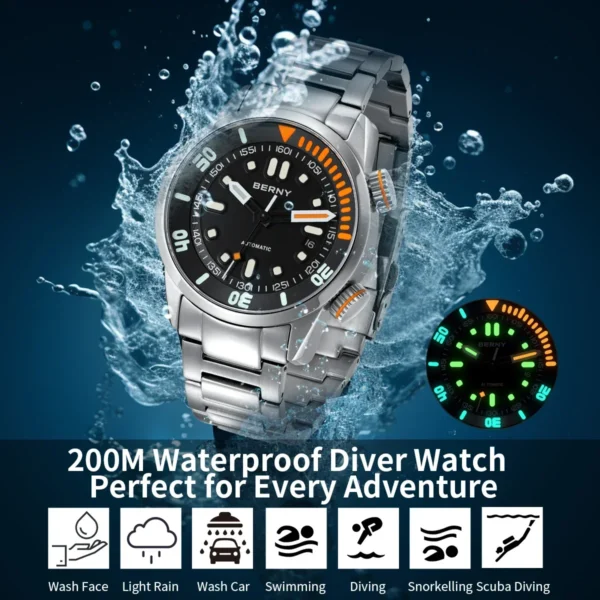 BERNY Automatic Dive Watch for Men Super Luminous Original Design 20ATM Diver Wristwatch Sapphire, Local Warehouse Fast Delivery - Image 4